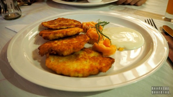Potato pancakes with salmon, Kaunas